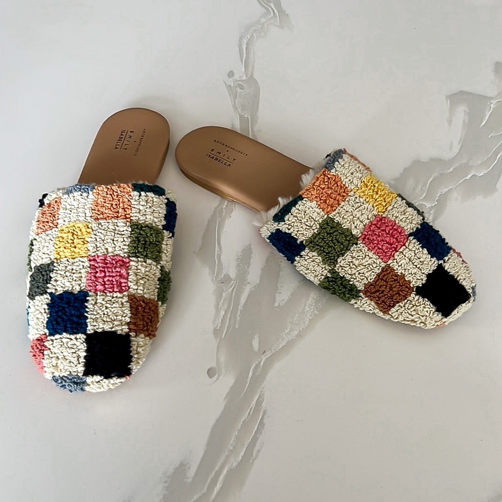 Anthropologie x Emily Isabella Checkered Colorful Sherpa Slippers Womens Medium - Picture 1 of 16